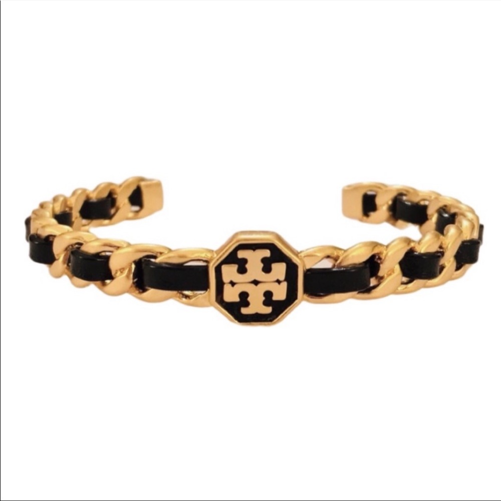 New Tory Burch black leather woven Marion chain cuff bracelet